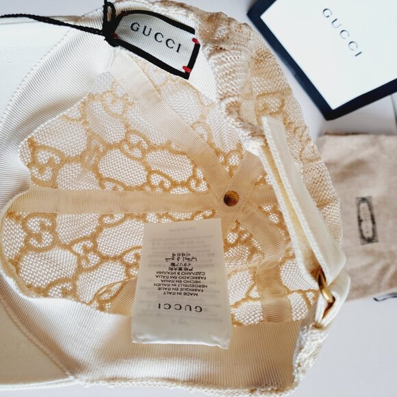 New Gucci Embroidered Mesh GG Monogram Cream Ivory Baseball Cap Size M main image 13